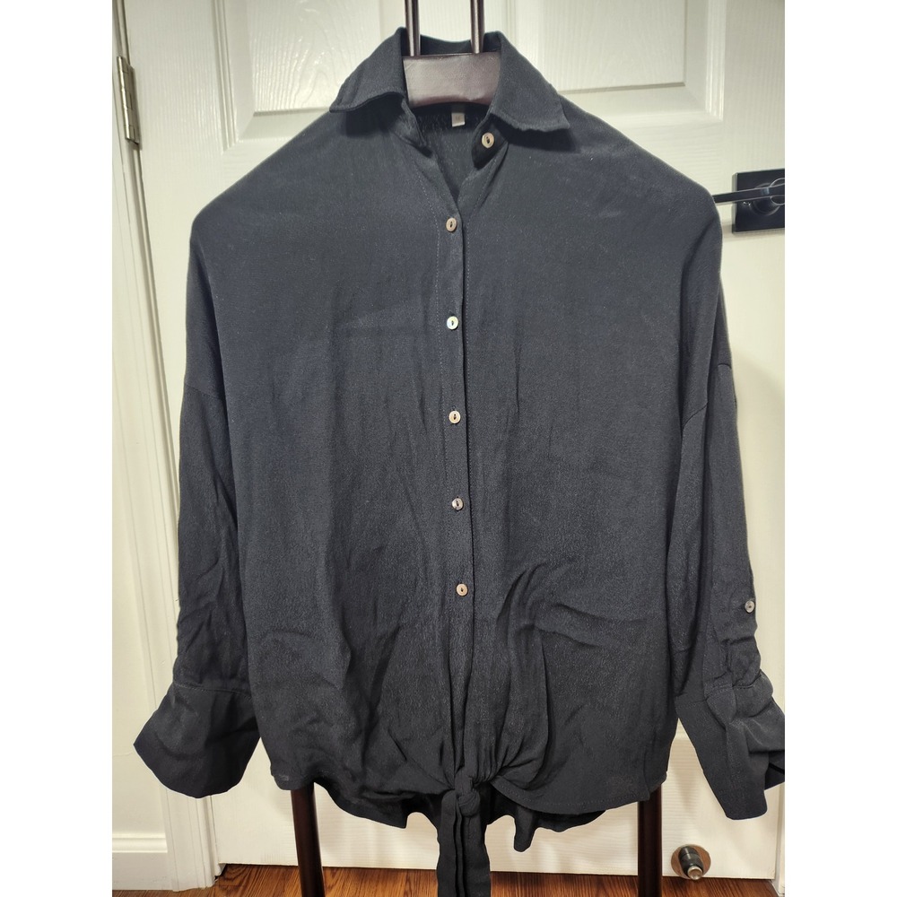 Olivaceous Womens Black Tie Front Roll Tab Sleeve Rayon Button Down Shirt Size M